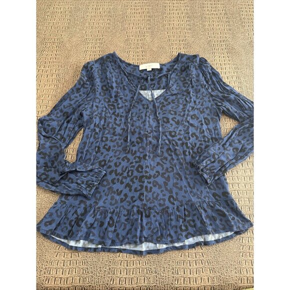 Ann Taylor Loft Blue Black Leopard Print Ruffle Top Blouse Size Small - Picture 1 of 6